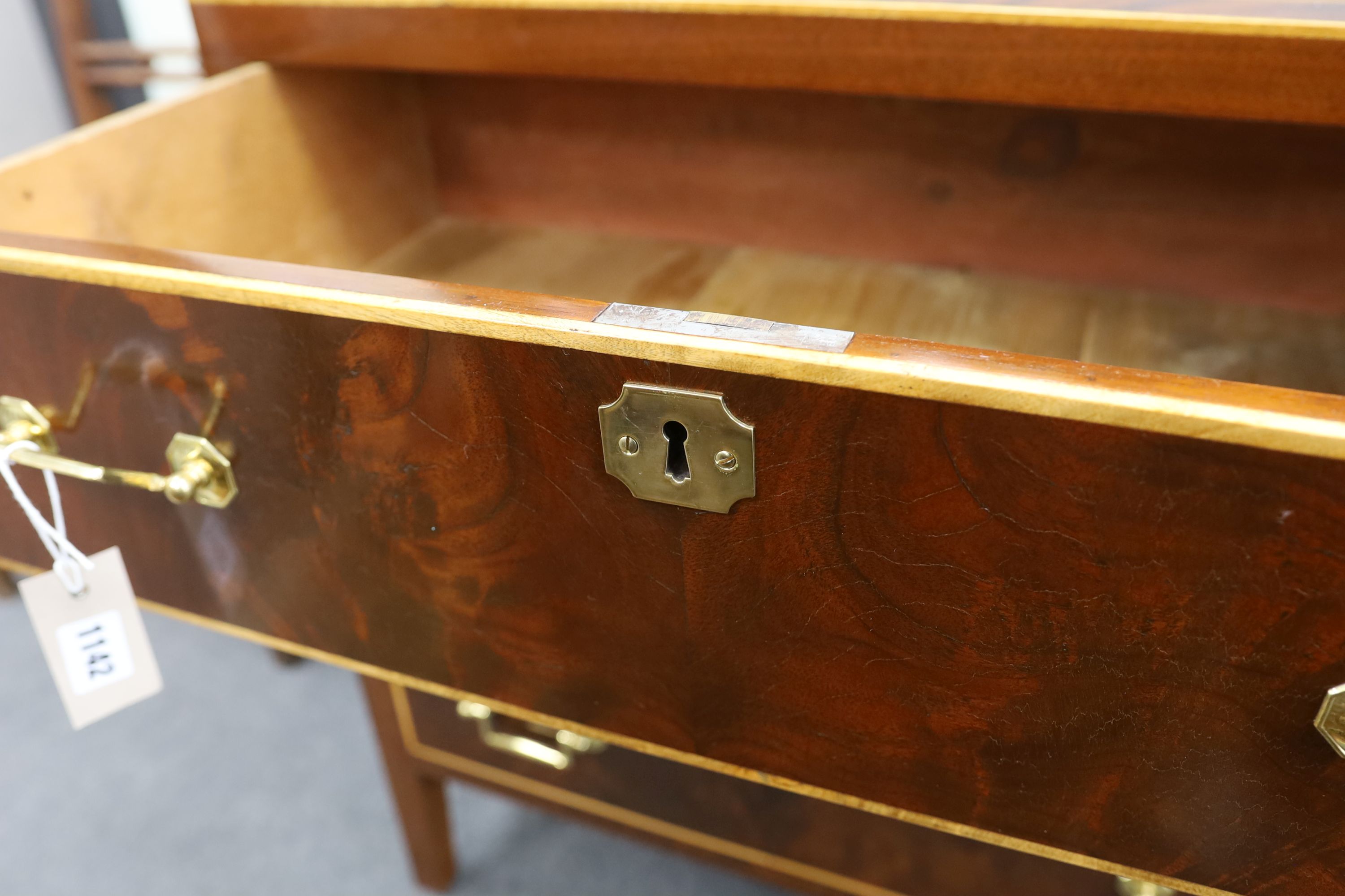 A pair of George IV style inlaid mahogany three drawer chests, width 79cm, depth 46cm, height 78cm